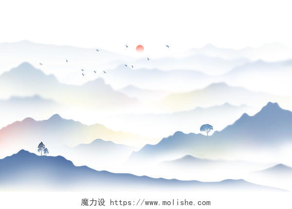 新中式水墨山水背景手绘写意风景插画国风连绵山脉新中式水墨抽象山水背景